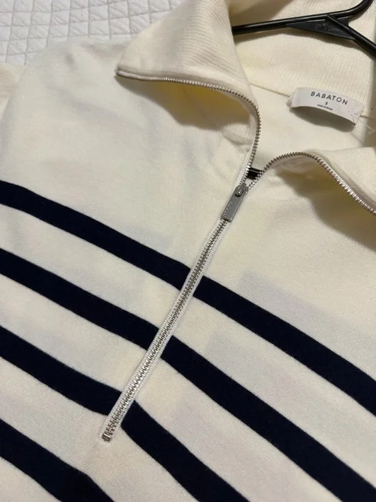 Aritzia Babaton Overseas Striped Quarter-Zip Sweater Cream Navy Small - Picture 5 of 9